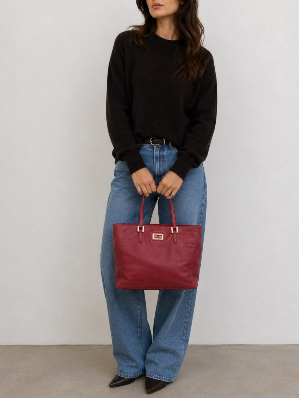 Vintage Fendi Leather Zucca Logo Top Handle Tote Bag Bordeaux & Gold